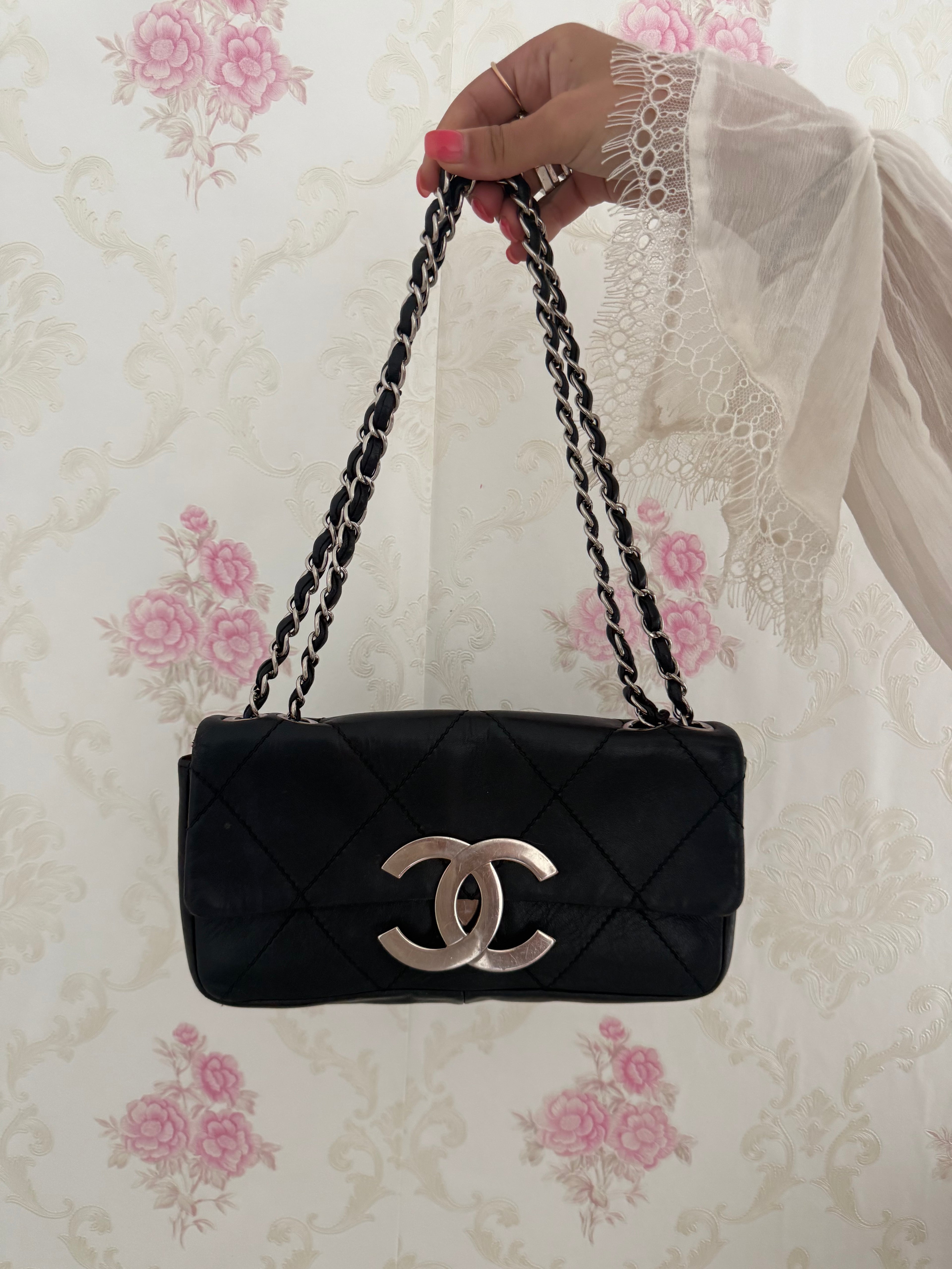 Chanel CC Quilted Flap Bag  Black Calfskin, Silver Hardware